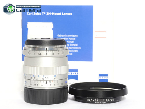 Zeiss Biogon 25mm F/2.8 T* ZM Lens Silver w/Hood Leica M-Mount *MINT in Box*