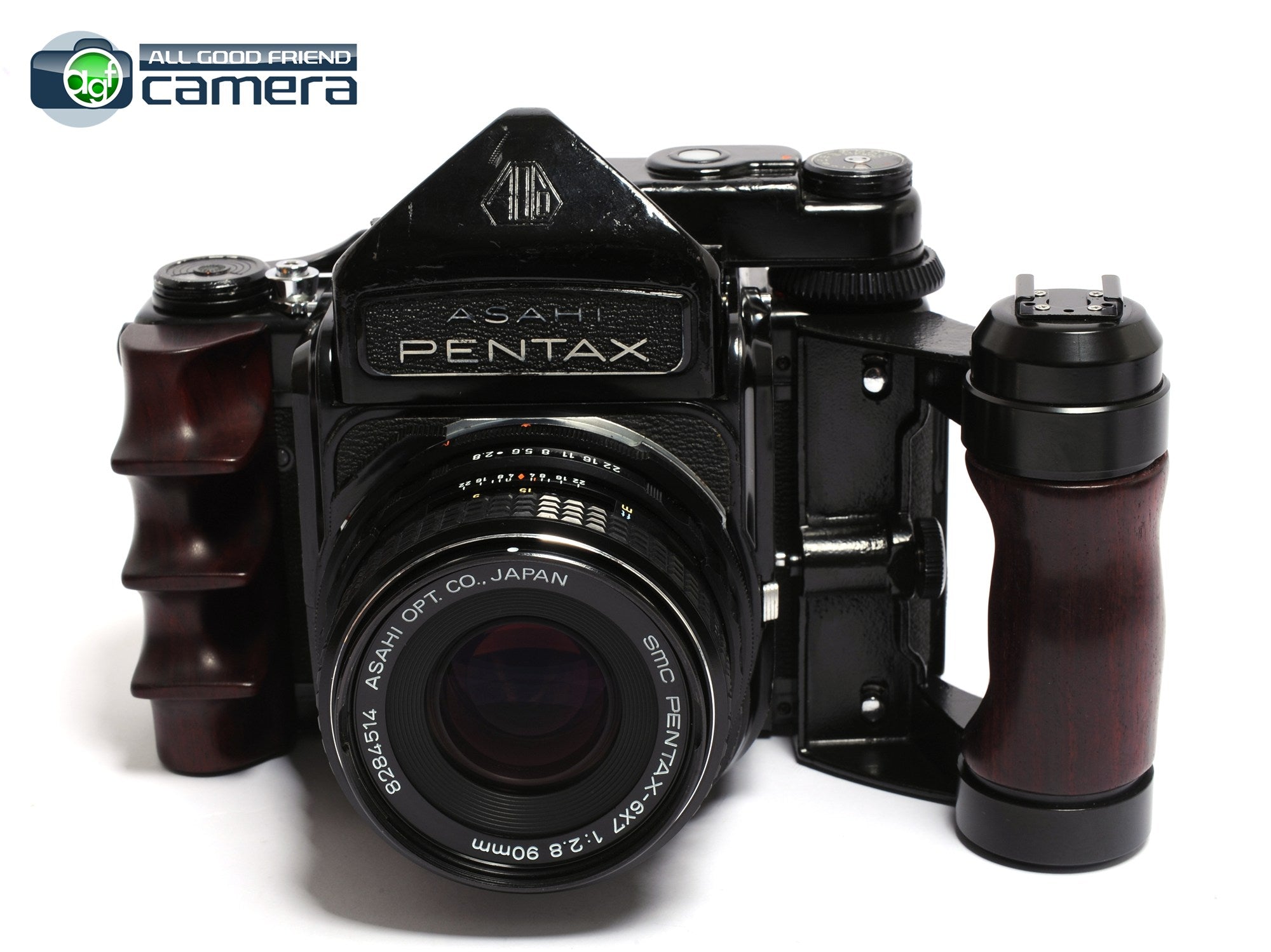 Pentax 67 TTL Camera w/90mm F/2.8 Lens, Wooden Grip & Handle 